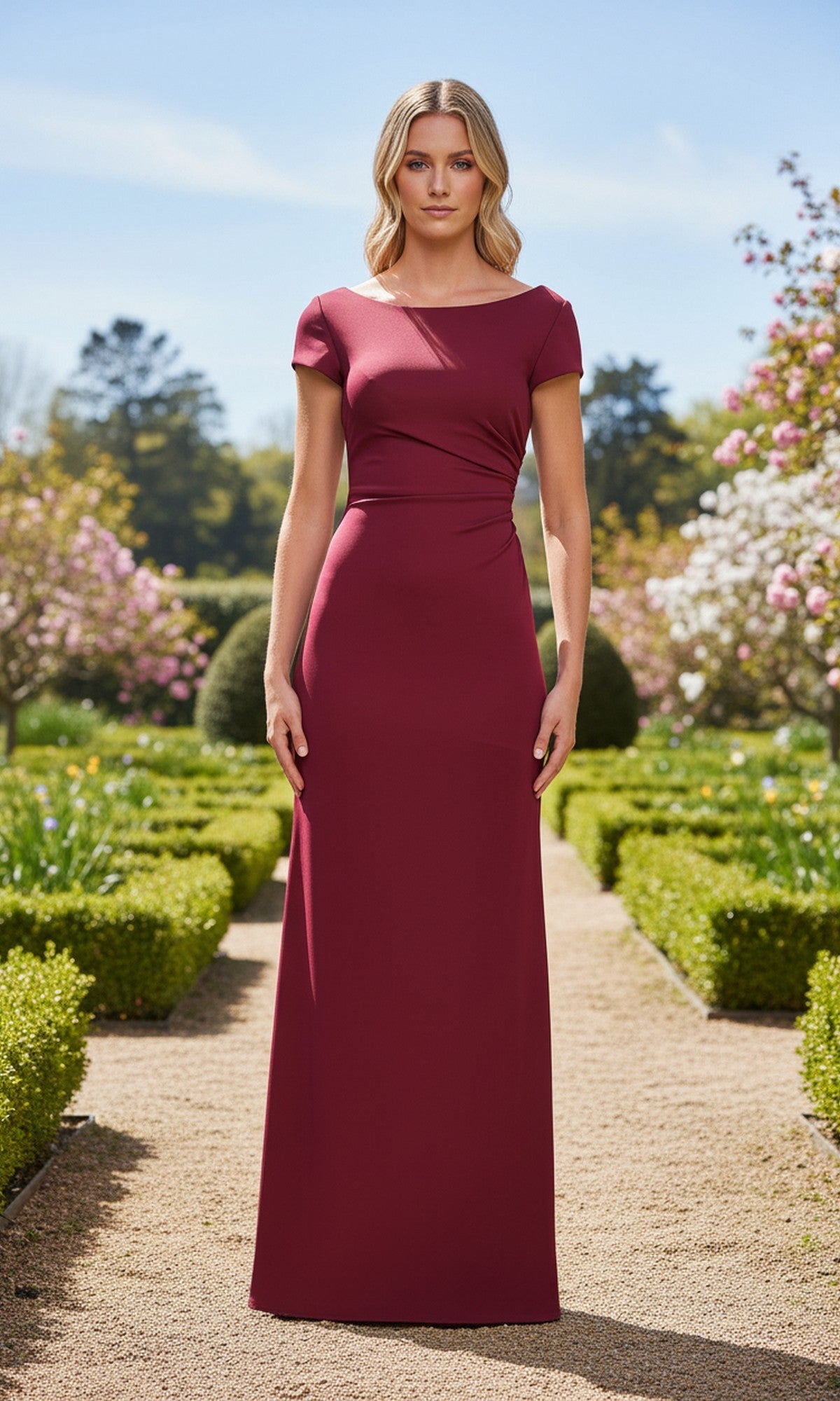 A woman stands on a gravel path in a manicured garden, wearing the Long Prom Dress: La Femme 33616 in wine, featuring short sleeves and a floor-length silhouette with blooming trees and hedges in the background.